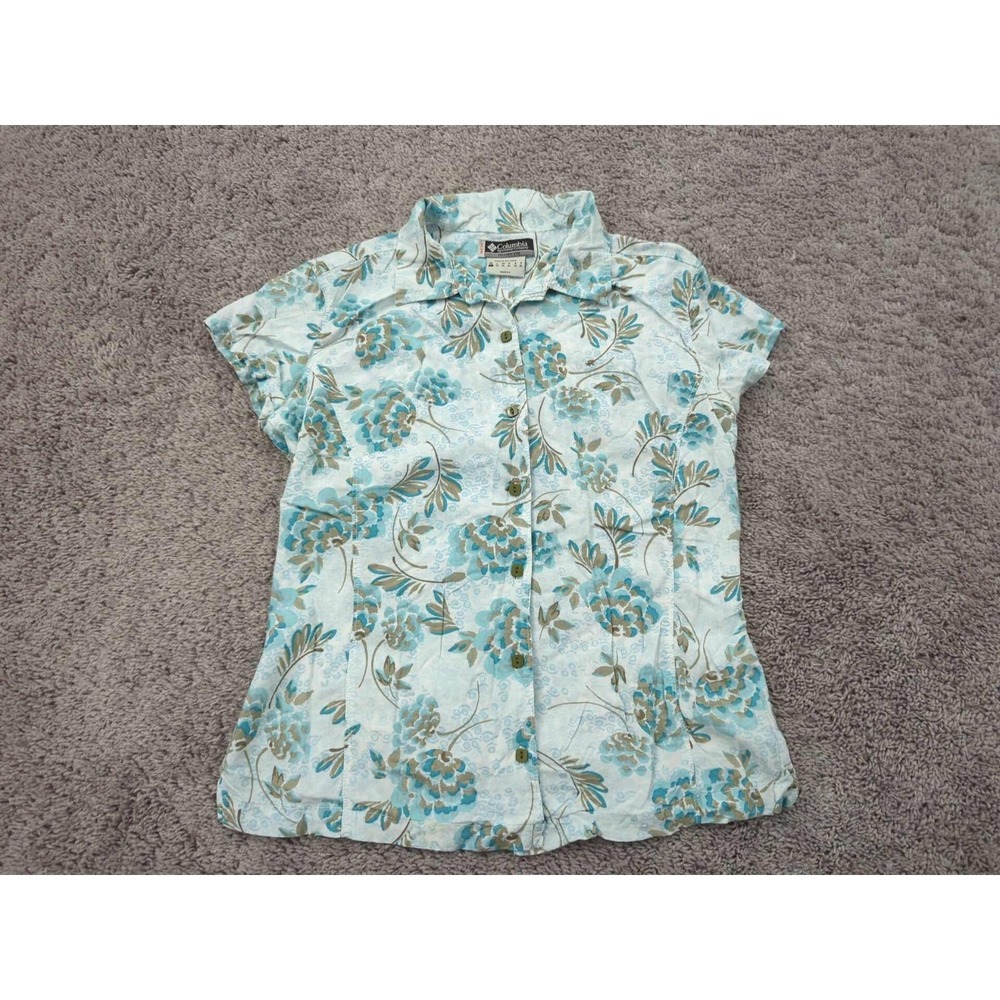 Columbia Button Up Shirt Womens Large Blue Floral Short Sleeve Sheer Casual